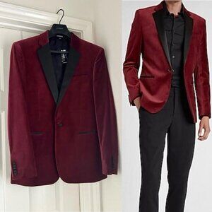 Express Men’s Burgundy Slim Velvet One Button Tuxedo Blazer Jacket Size 36S SLIM